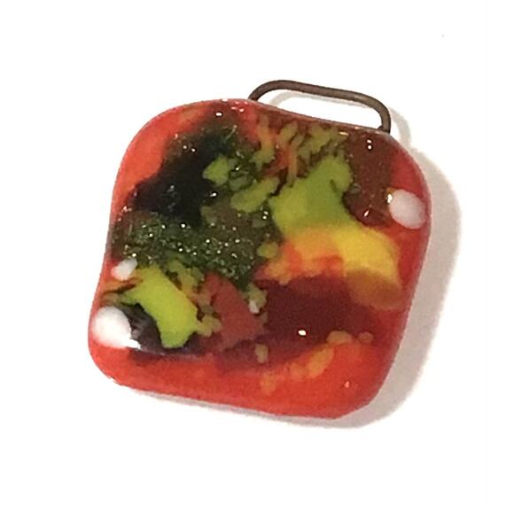 American Vintage Jewelry - Murano Pendant For Necklace Blown Glass Art Ornament Orange Green Metal Flake